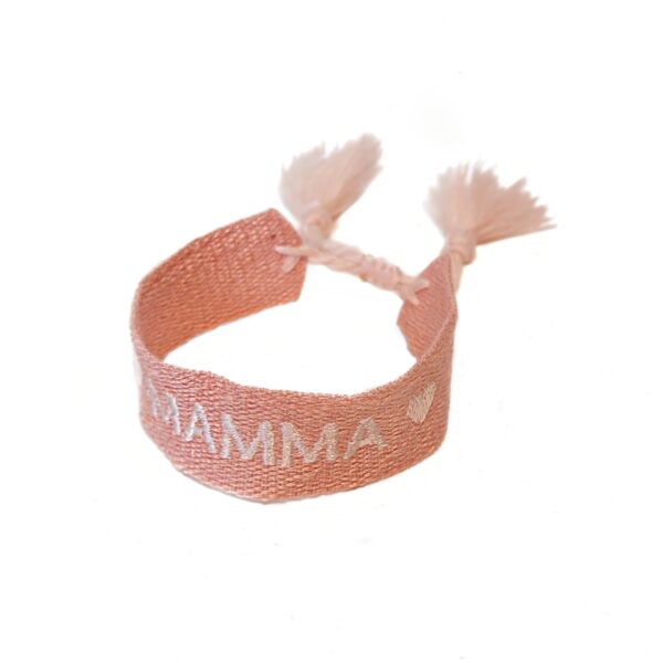 SALG. Knyte armbånd med dusker Mamma – lys rosa/hvit