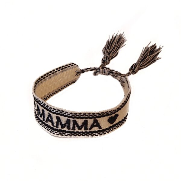 SALG. Knyte armbånd med dusker Mamma – creme/sort