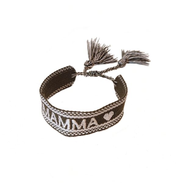 SALG. Knyte armbånd med dusker Mamma – oliven/hvit