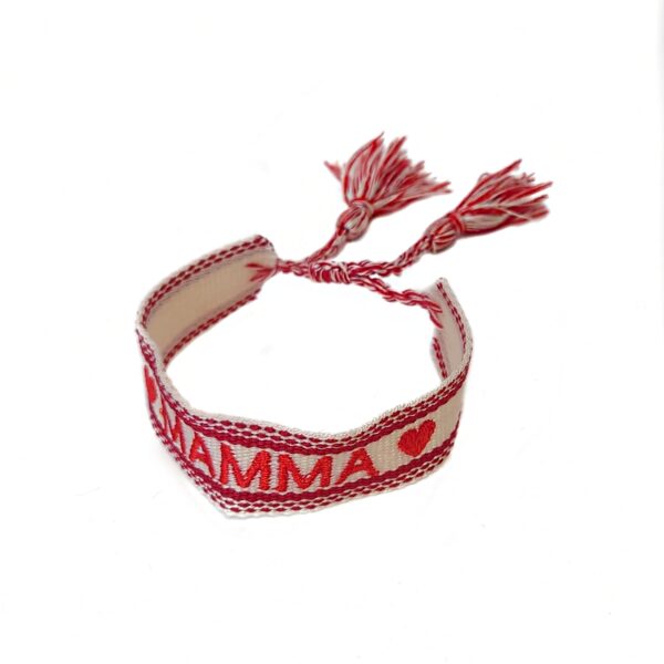 SALG. Knyte armbånd med dusker Mamma – creme/rød