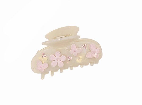 Hårklype med blomst og sommerfugl – Creme perlemor/pudderrosa