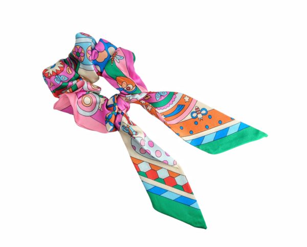 Scrunchies silke look med lange bånd – Rosa multicolour