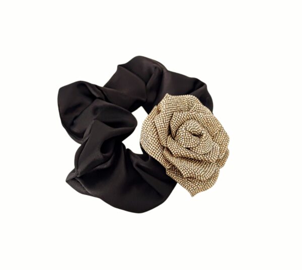Exclusive hårstrikk med strass blomst – Gull/sort