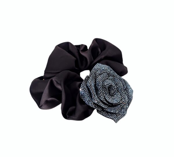 Exclusive hårstrikk med strass blomst – Navy/sort