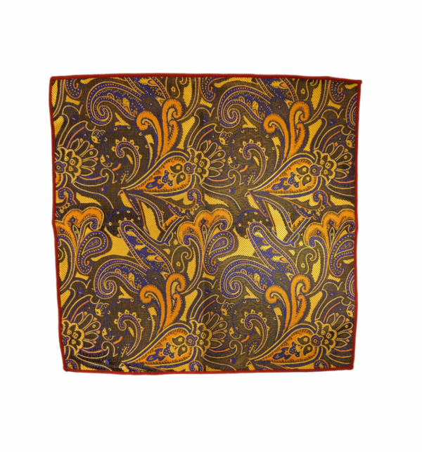 Herretørkle/handkerchief silke look – Paisley oliven/gul/koboltblå