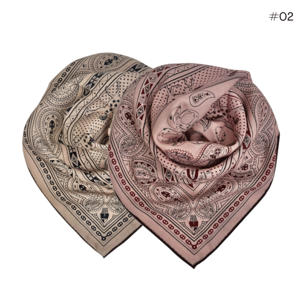 Skjerf i ull/silke m. håndsydde kanter 70×70 – #02 Taupe/rød/rosa