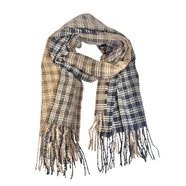 Skjerf ruter tofarget med frynser – Navy/brun